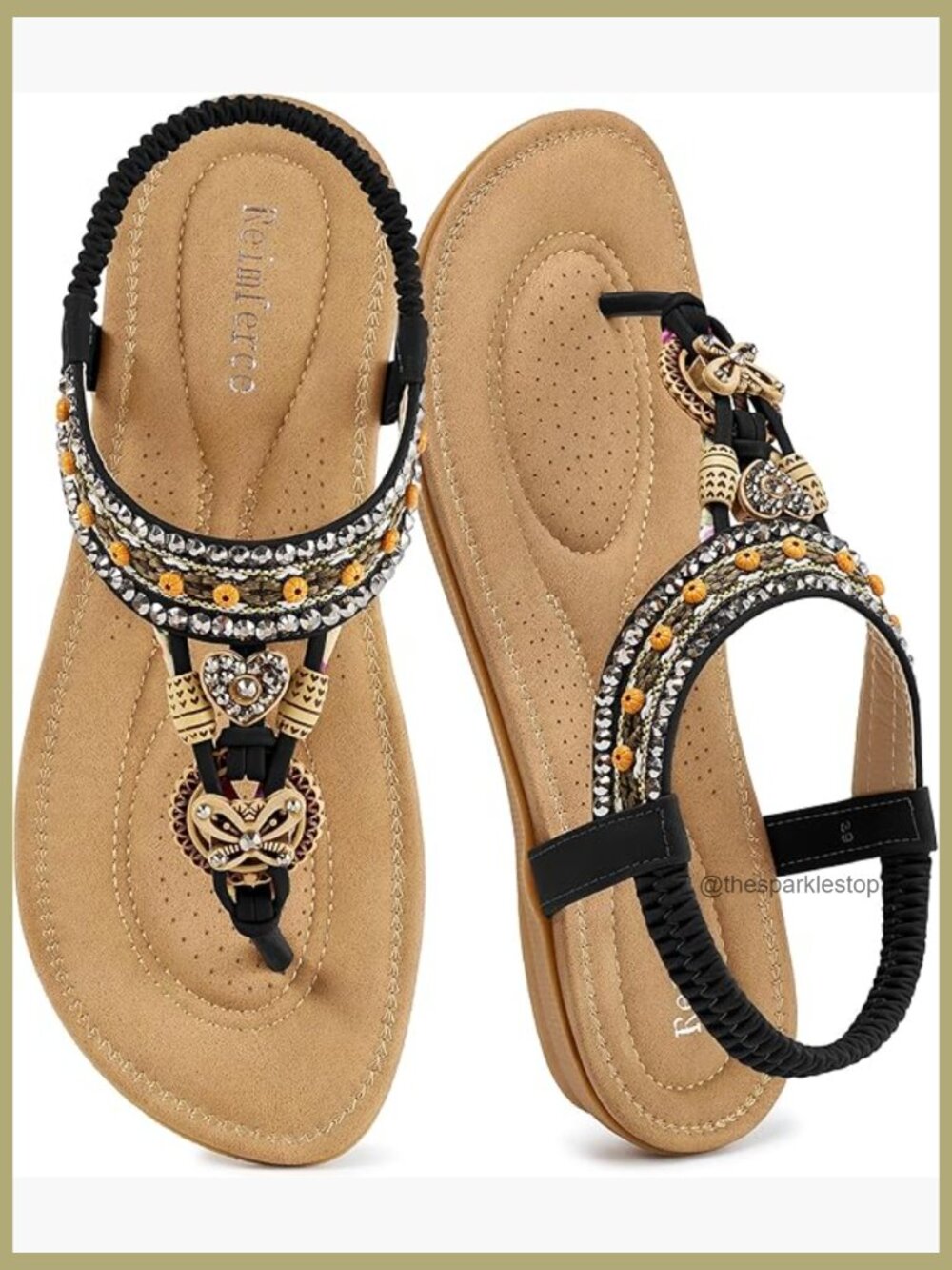 Women's Boho Beaded Dressy Flat Sandals with Elastic Ankle Strap & Non-Slip Sole